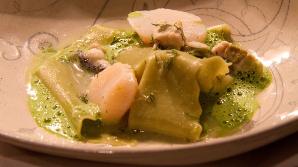 Green tea pappardelle with scallops and shellfish broth